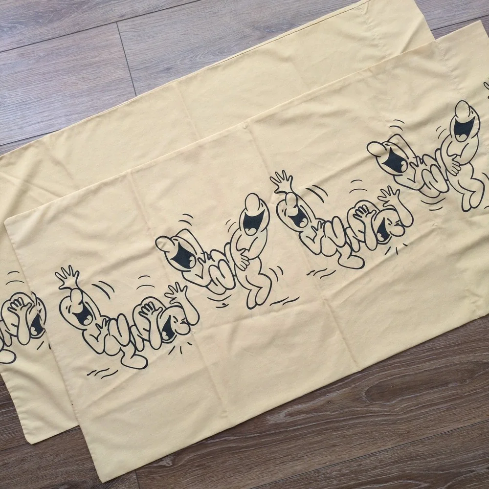 Vtg 70s Henry Syverson Laughing Men Cartoons Cal King Sheet Set Tan Black Pequot